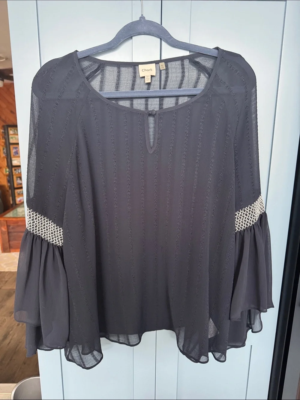 Chani Navy Sheer Bell-Sleeve Blouse with Cream Lace Trim